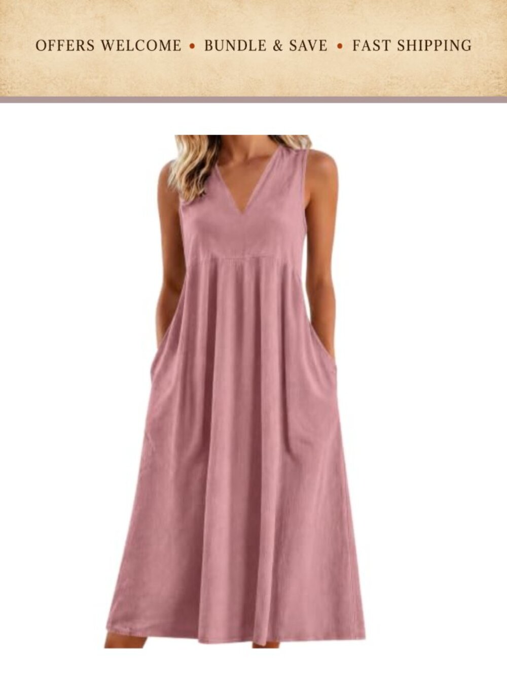 Sleeveless V Neck Midi Dress with Pockets Casual A Line